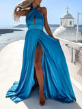 Fashion Cross Wrap Chest Hollow Dress Women's Elegant Solid Long Dress Season Sexy Off-the-shoulder Slim Waist Slit Party