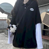 T Shirt Women Tshirt New Long-sleeved T-shirt Students Korean Loose Fake Two-piece Letter Embroidery Polo Collar Top