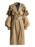Temperament British Wind To Close The Waist Thin Long Coat 2025 Summer New Collar Splicing Lotle Leaf Side Design Wind Coat