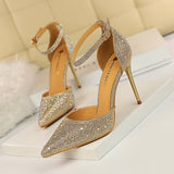 Breakj Korean Version Of Sweet High Heels With High Heel Shallow Pointed Hollow Out A Word With Shiny Rhinestone