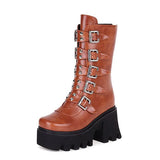 Breakj Black High Barrel PU Artificial Thick Bottom High And Martin Boots After Zipper Large-Size Stage Women's