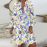 Fashion New V Neck Print Ruffle Dresses Casual Button Pacthwork Loose Mid Dresses Elegant Streetwear Party Female