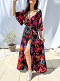 Sexy V Neck High Slit Drape Party Dress Summer Bohemian Long Dress Women 2022 Elegant Multicolor Print Slim Waist Beach
