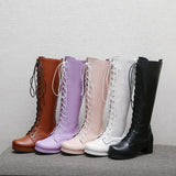 Women Knee High Boots Winter Platform Shoes Sweet Lace Up Purple Pink White Black Lolita Japanese Mori Girls BootsLarge Size
