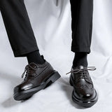 Breakj Vintage Round Head Cloth Block Carved Men's Fashion Business Casual Leather Shoes Increased Thick Bottom