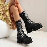 Breakj Black High Barrel PU Artificial Thick Bottom High And Martin Boots After Zipper Large-Size Stage Women's
