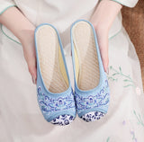 Breakj Round Head Embroidered Cloth Shoes Beef Tendon Bottom Flat Bottom Soft Bottom Canvas Slippers Female Ethnic Wind Blue And White