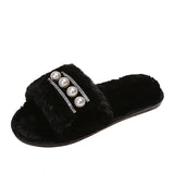 Hairy Slippers Pearl Fashion Flat Slippers Women's Home Leisure Anti-Rabbit Cotton Slippers Big