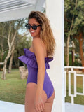 2021 za Sexy Female Swimsuit Vintage One Piece Ruffled Push Up Solid Yellow Swimwear Women Monokini Bathing