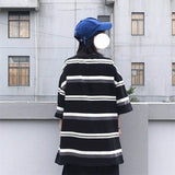 Short-sleeved T-shirt Women T Shirt Couple Japanese Simple Striped Half-sleeved Summer Korean Loose Student Black