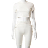 Puss Ribbed Fitness Women Tracksuit Matching Set Short Sleeve+Bandage Hollow Out Biker Shorts Sporty Casual 2Piece