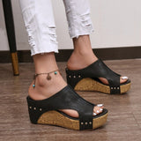 Breakj Slope And Fish Mouth Cool Slippers Women Summer New Rivet Pine Cake Thick Bottom High Heel