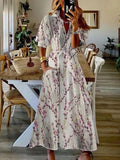 Women Elegant Commuter Lapel Puff Sleeve Long Dress Chic Floral Print Pocket Tie High Waist Dress Summer Office Elegant