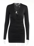 V Neck Mini Dresses Ladies Ruched Slim Elastic Casual Long Sleeve Autumn Bodycon Party Elegant Dresses For Women
