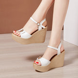 New High Slope Heel Sandals Women's Muffin Thick Bottom Waterproof Table One Word Buckle Gold Small Size 3233 Fish Mouth