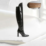 Leather Knee High Boots Women Sexy Chunky High Heels Long Boots Female Winter Party Shoes Cowboy Knight