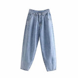 Women Blue Harem Jeans Loose mom Jeans High Waist Streetwear Boyfriends Washed Denim Long Trousers Bottoms Slouchy