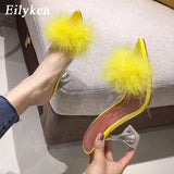2022 New PVC shoes Woman Feather Transparent High heels Fur Pumps Slippers Women Peep toe Mules Lady Pumps Slides