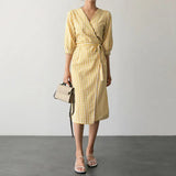 Vintage Check Dress Women's Summer Sundress ZANZEA 2022 Casual V Neck Robe Female Short Sleeve Mid-Calf