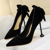 Breakj Korean Version Of Sweet High Heels Women's Shoes With High Heel Suede Shallow Pointed Head Of Color Bow Single