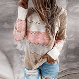 Autumn Patchwork Hooded Sweater Casual V-neck Striped Knitted Sweater Female Long Sleeve Pullover Jumpers New