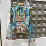 Amazing Chic Autumn Fashion Retro Court Horn Long Sleeve Collar Shirt + Printed Mesh