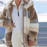 Coat New Plush Warm Fashion Patchwork Zipper Pocket Hooded Jacket Female Long Sleeve Plus Size Parka Outerwear Top