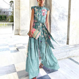 Fashion Stand Collar Chiffon Button Printed Lace-up Wide-leg Pants Jumpsuit Elegant Slim Sleeveless Loose Party