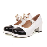 Lolita Shoes Spring Women Patent Leather Round Toe Heeled Fashion Black White Patchwork Retro Pearl Buckle Strap Platform