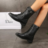 New Plus Size Retro Women Western Boots Punk Lace Up Buckle Motorcycle Boots Zipper Mid Calf Boots Ladies Short
