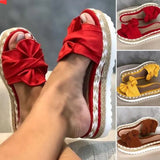 Version Of The New Large-Size Linen Thick-Bottom Slippers Women Bow Linen Rope Slope And Beach Cool