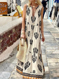 Elegant Printed Sleeveless Long Dress Boho Lady Casual Loose Lace Up Holiday Dress Summer Sexy Deep V Lace Big Swing Beach
