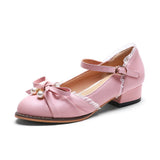 Sweet Lolita Women Summer Mary Jane Shoes Low Heel Lace Patchwork Bow Pearls Pumps Strap Buckle Japanese Big Feet Plus