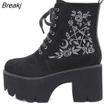 Flower Platform Boots Chunky Punk Suede Leather Womens Gothic Shoes Lace Up Back Zipper High Quality Black Boots