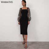 Women Puff Floral Embroidery Mesh Sleeve Dress Transparent Autumn 2021 Vintage Streetwear Party Elegant Female