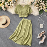 New Summer Women Casual V Neck Single Breasted Crop Tops High Waist A-line Solid Color Skirt Two Piece