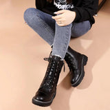 Women Boots Winter Black Leather Goth Shoes Lace Up Ankle Booties Woman Western Platform Shoes Chunky Boots Warm