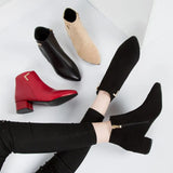 Women Boots Casual Leather Low High Heels Spring Shoes Woman Pointed Toe Rubber Ankle Boots Black Red Zapatos