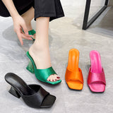 Breakj High Heel Slippers Female Summer Square Head Solid Color A Word Wear Fashion Versatile Ladies Large Size