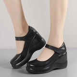 Breakj And Autumn Women's Shoes Thick Bottom Slope And Shallow Single Shoes High Heels Ladies Leather Shoes Magic Stick Round Head Loose Cake Middle-Naught Mother