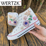 Canvas Shoes for Women Small White Shoes Women's High-top Handmade 3D Flower Pearl Flat-bottomed Leisure Student