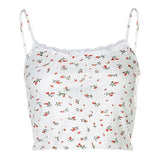 Floral Printed Kintted Spaghetti Strap Top Women White Cute Casual Sleeveless Camis Tops Tees Patchwork Lace Crop