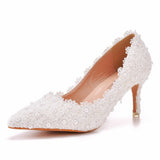 Breakj Cm Pointed Single Shoes Small Thin Heel Single Heel Single Shoe Tips Shoes Large Size Women's Shoes Lace Wedding Shoes Bridesmaid