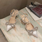 Sandals 2024 Spring Style Ladies Diamond Bow Tie Women's Shoes Thin Heel Baotou French