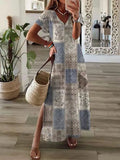 2022 New Casual Holiday Dress Summer Fashion Printed Short Sleeve Loose Dress Women Chic V-neck Split Long Skirt Dress