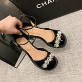 Breakj New Shallow Mouth Thick With Rhinestone Pearl Sandals Women A Word With Round Head Korean Version Single Shoes Mary Jane Women's