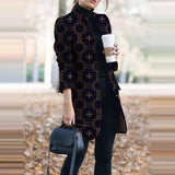 Winter New Fashion Women Stand Collar Print Jackets Casual Long Sleeves Elegant Office Lady Cardigan Slim Buttons