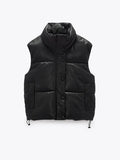 Women Fashion Side Drawstring Leather Vest Coat Female Zipper Stand Sleeveless Jacket Ladies Chic