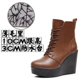 Breakj Head 12Cm High Slope And Waterproof Table Mid-Sleevel Boots With Side Zipper Women's Boots Pine Cake Plus Velvet Winter Warm Leather