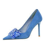 Breakj Korean Version Banquet High-Heeled Shoes Women Thin Heel Suede Shallow Mouth Pointed Gem Water Diamond Bow Single